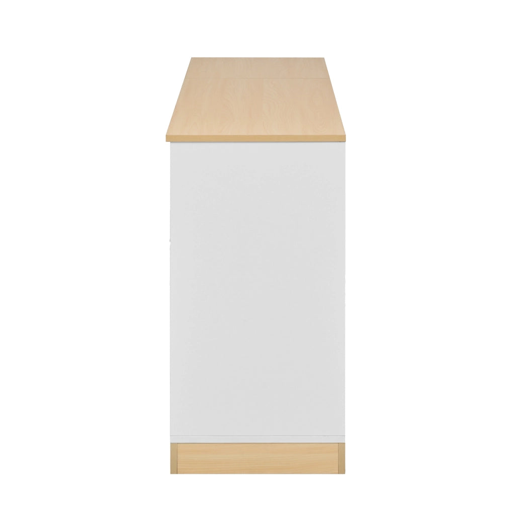 Credenza con due ante e due cassetti in pannello truciolare bianca e effetto legno 135,5 × 39 × 76 cm