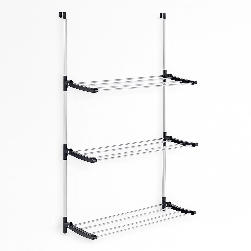 Stendino Pieghevole 3Piani in metallo Zincato e Plastica Stendino per Termosifone Dietro Porta Silver e Nero