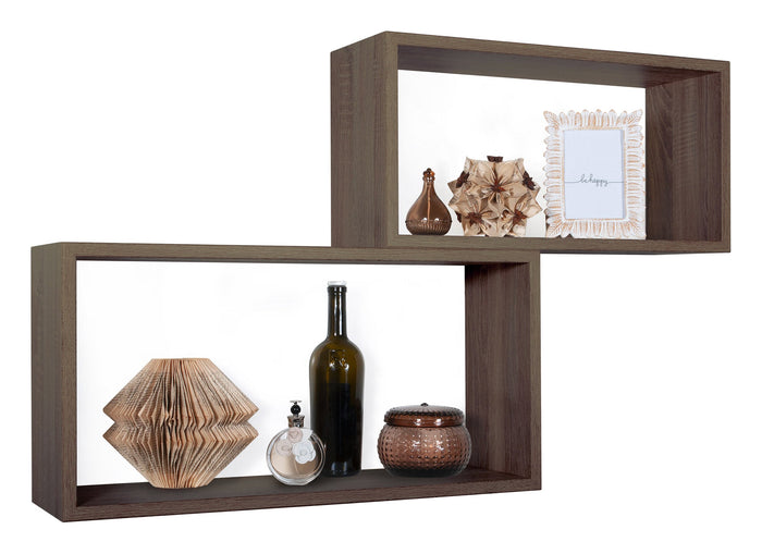 Set 2 Mensole Cubo da Parete Rettangolare in Fibra di Legno Bislungo Noce