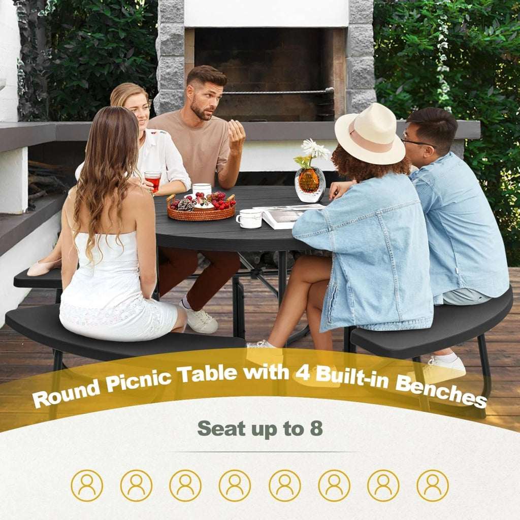 Set da Giardino e Picnic per 8 Persone, Tavolo Rotondo con 4 Panche Integrate, Tavolo da Birra in HDPE Impermeabile con Foro per Ombrellone, Arredamento da Esterno per Giardino e Terrazzo