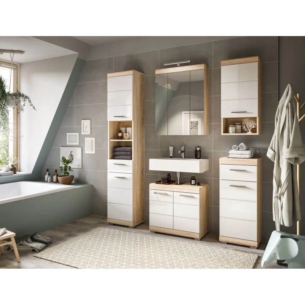 Colonna mezza altezza per bagno RIDLEY – 1 cassetto e 1 nicchia – Bianco e rovere chiaro