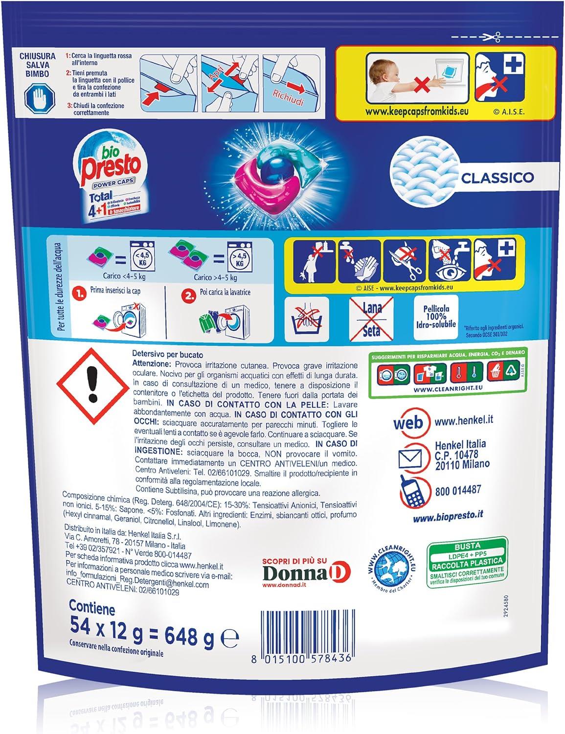 BIO PRESTO POWER CAPS CLASSICO DETERSIVO LAVATRICE PREDOSATO IN CAPSULE CONFEZIONE DA 54 LAVAGGI