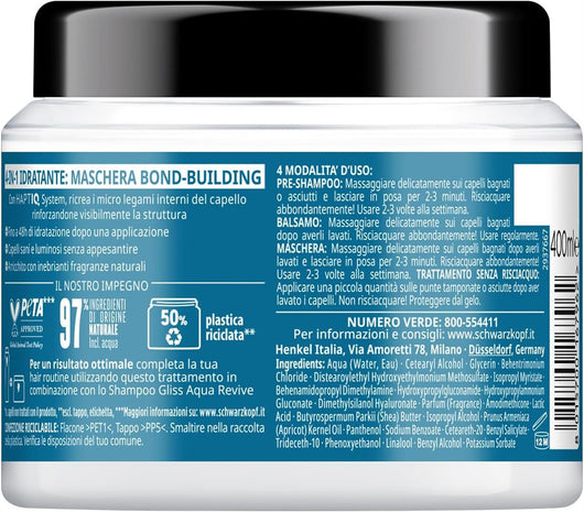 SCHWARZKOPF GLISS 4-IN-1 MASCHERAPER CAPELLI 400 ML AQUA REVIVE + COMPLESSO IALURONICO EFFETTO DA NORMALI A SECCHI