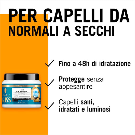 SCHWARZKOPF GLISS 4-IN-1 MASCHERAPER CAPELLI 400 ML AQUA REVIVE + COMPLESSO IALURONICO EFFETTO DA NORMALI A SECCHI