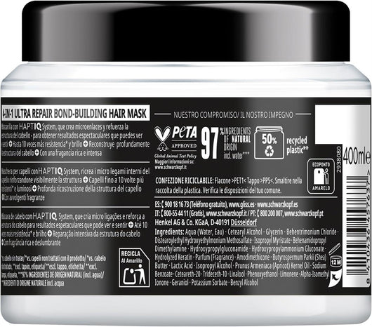 SCHWARZKOPF GLISS 4-IN-1 MASCHERA CAPELLI ULTRA REPAIR CAPELLI DANNEGGIATI E SECCHI 400 ML CON KERATINA