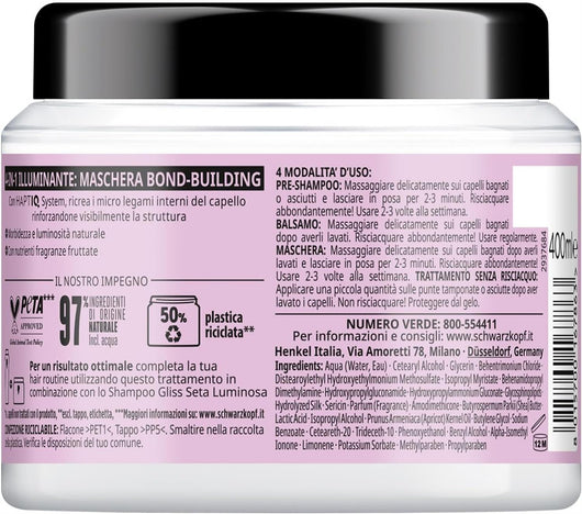 SCHWARZKOPF GLISS 4-IN-1 ILLUMINANTE MASCHERA PER CAPELLI 400 ML SETA LUMINOSA HAPTIQ SYSTEM X CAPELLI FRAGILI E SPENTI