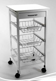 CARRELLO DA CUCINA 37X76 3 RIPIANI E CASSETTO CON RUOTE IN COLORE BIANCO