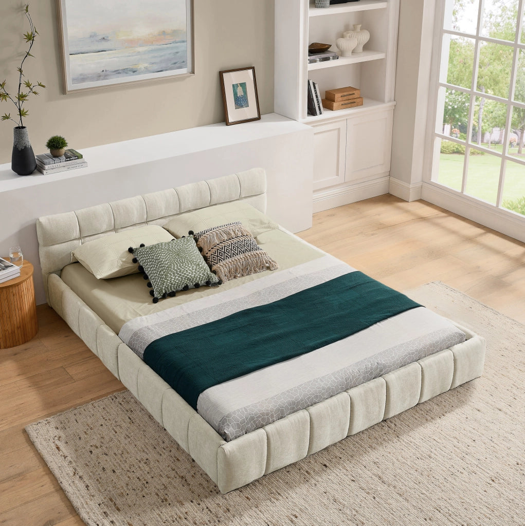 Letto matrimoniale imbottito in chenille 140x200 cm beige