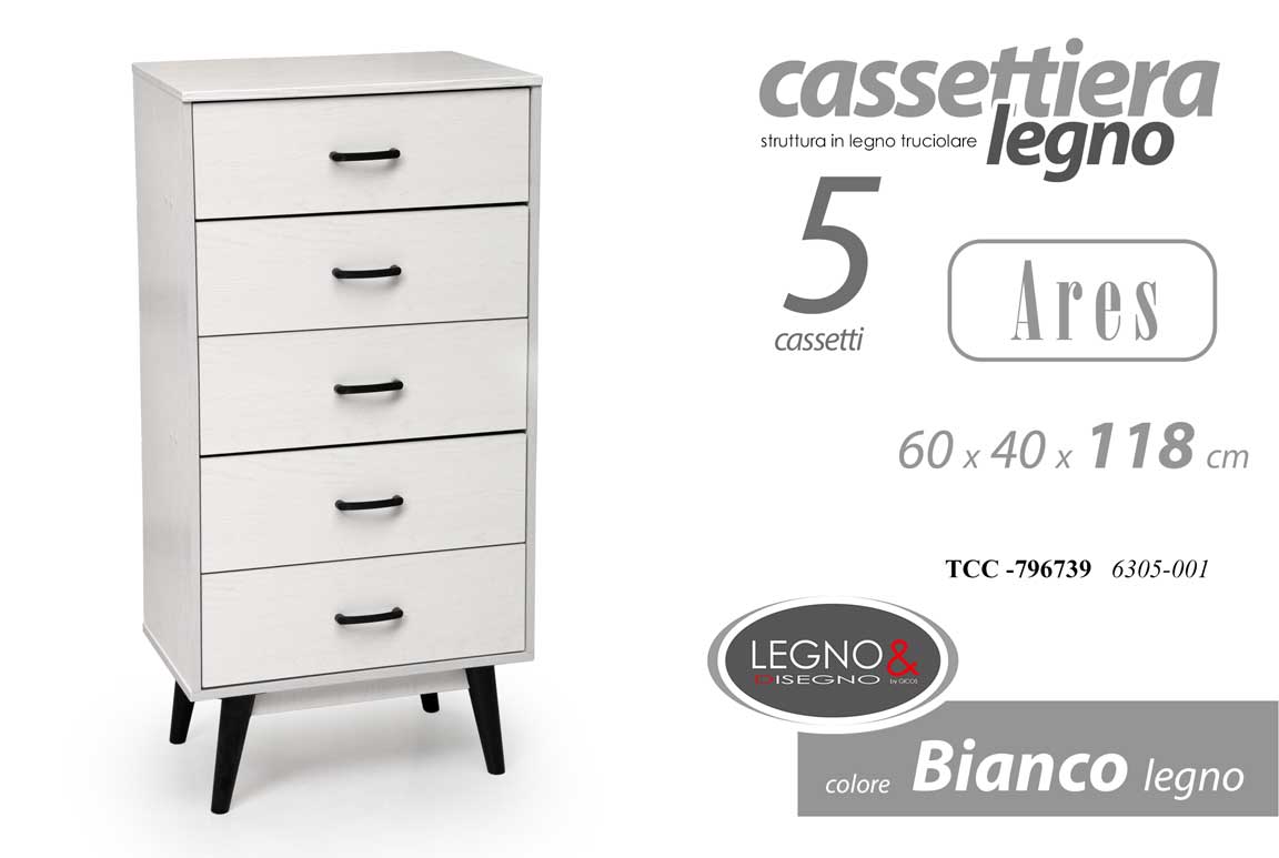 ARES CASSETTIERA IN LEGNO TRUCIOLARE CON 5 CASSETTI 60 X 40 XH118CM BIANCO