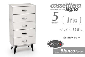 ARES CASSETTIERA IN LEGNO TRUCIOLARE CON 5 CASSETTI 60 X 40 XH118CM BIANCO