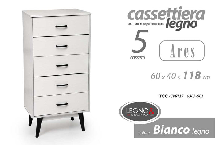 ARES CASSETTIERA IN LEGNO TRUCIOLARE CON 5 CASSETTI 60 X 40 XH118CM BIANCO