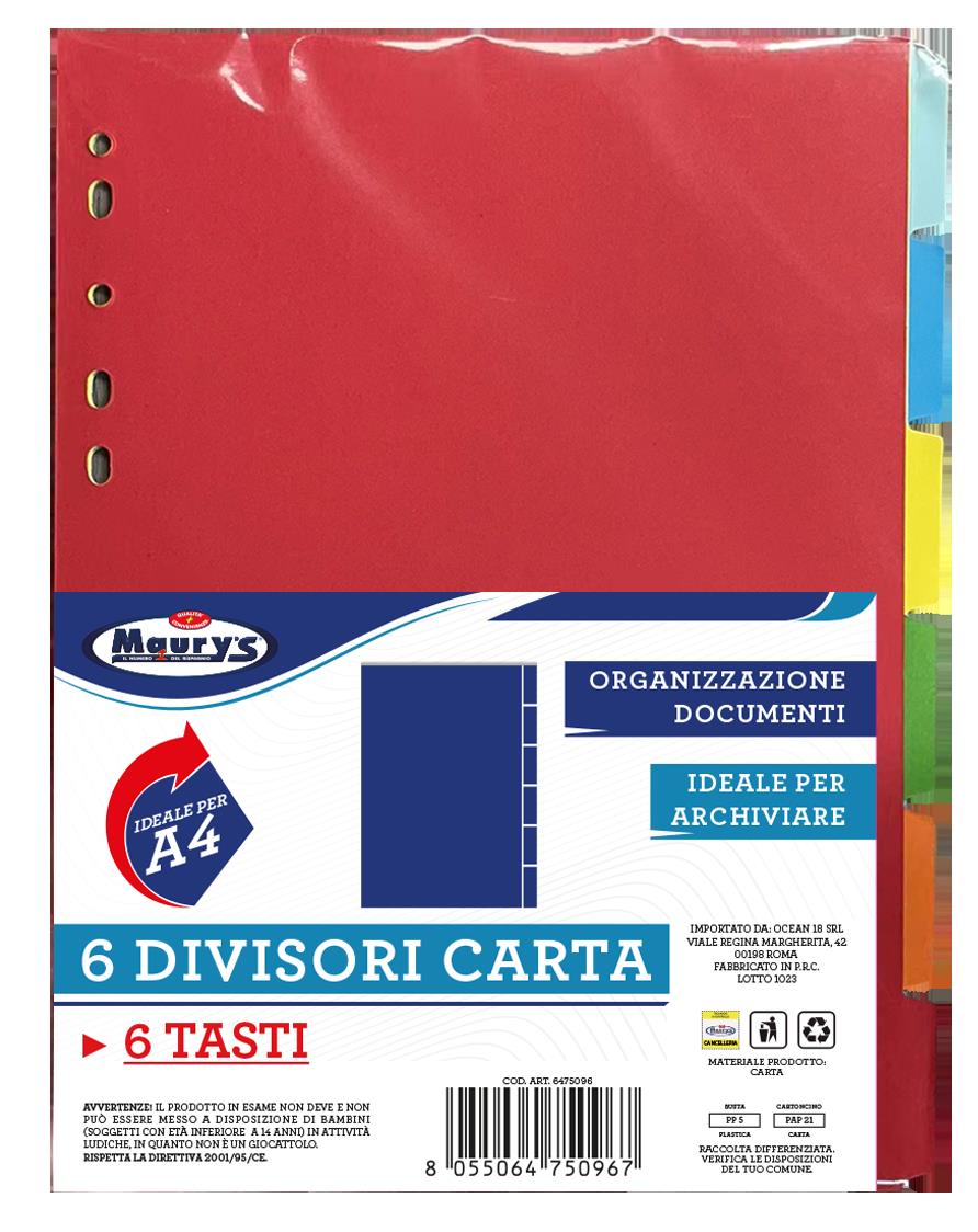 DIVISORI DI CARTA  6 PZ CON TASTI COLORATI IDEALE PER FORMATO A4