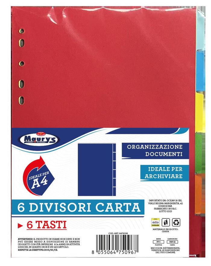 DIVISORI DI CARTA  6 PZ CON TASTI COLORATI IDEALE PER FORMATO A4