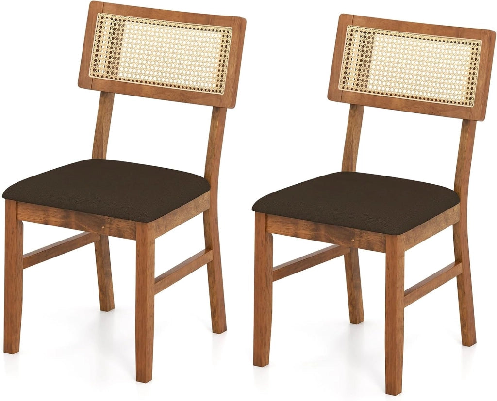 Set di 2 sedie da pranzo con schienale in rattan, sedie da cucina imbottite, portata fino a 180 kg, sedia imbottita in legno, per sala da pranzo, soggiorno, cucina, balcone (marrone)