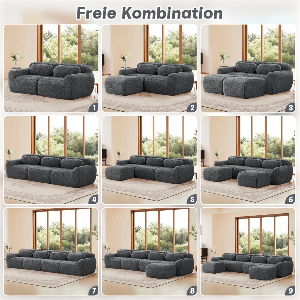 Divano modulare angolare 291x179x73 cm in tessuto peluche grigio; senza montaggio
