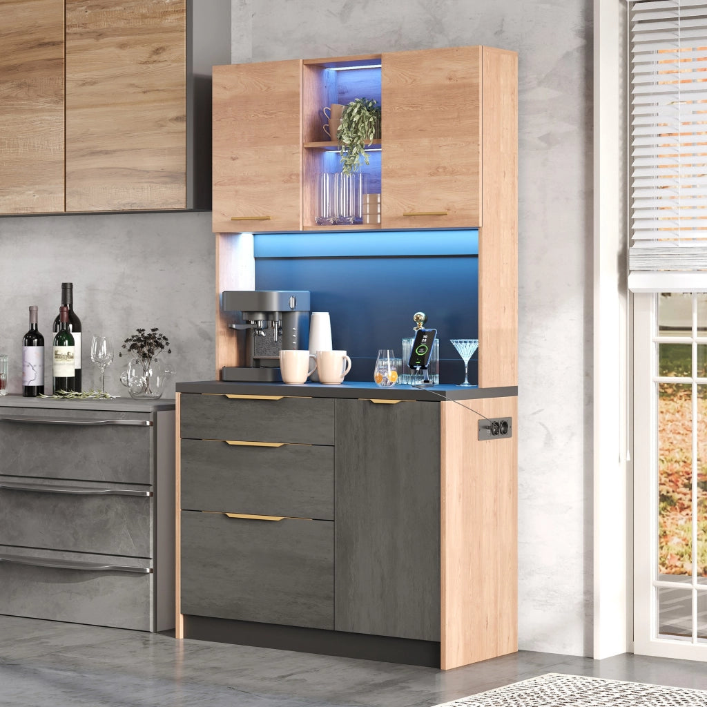Credenza alta da cucina 100x40x180 cm in MDF, finitura moderna, piano nero, LED regolabile e presa EU