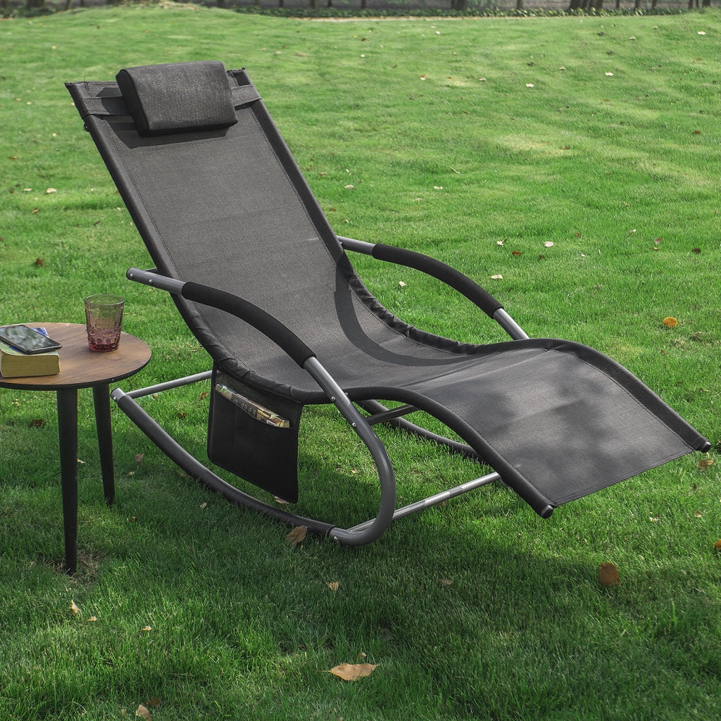 SoBuy Lettino Sdraio da Giardino a Dondolo - Sedia a Dondolo da Esterno in Textilene Nero con Telaio in Metallo, 150x63x87cm, Lettino Prendisole per Terrazza, Piscina, Patio, OGS28-SCH