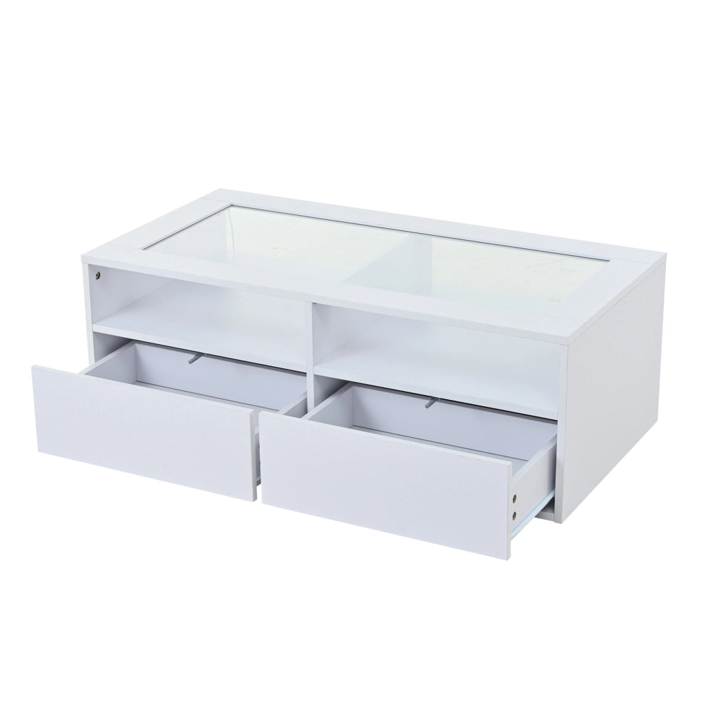 Complemento d’arredo moderno con piano in vetro, LED e pratico spazio contenitivo