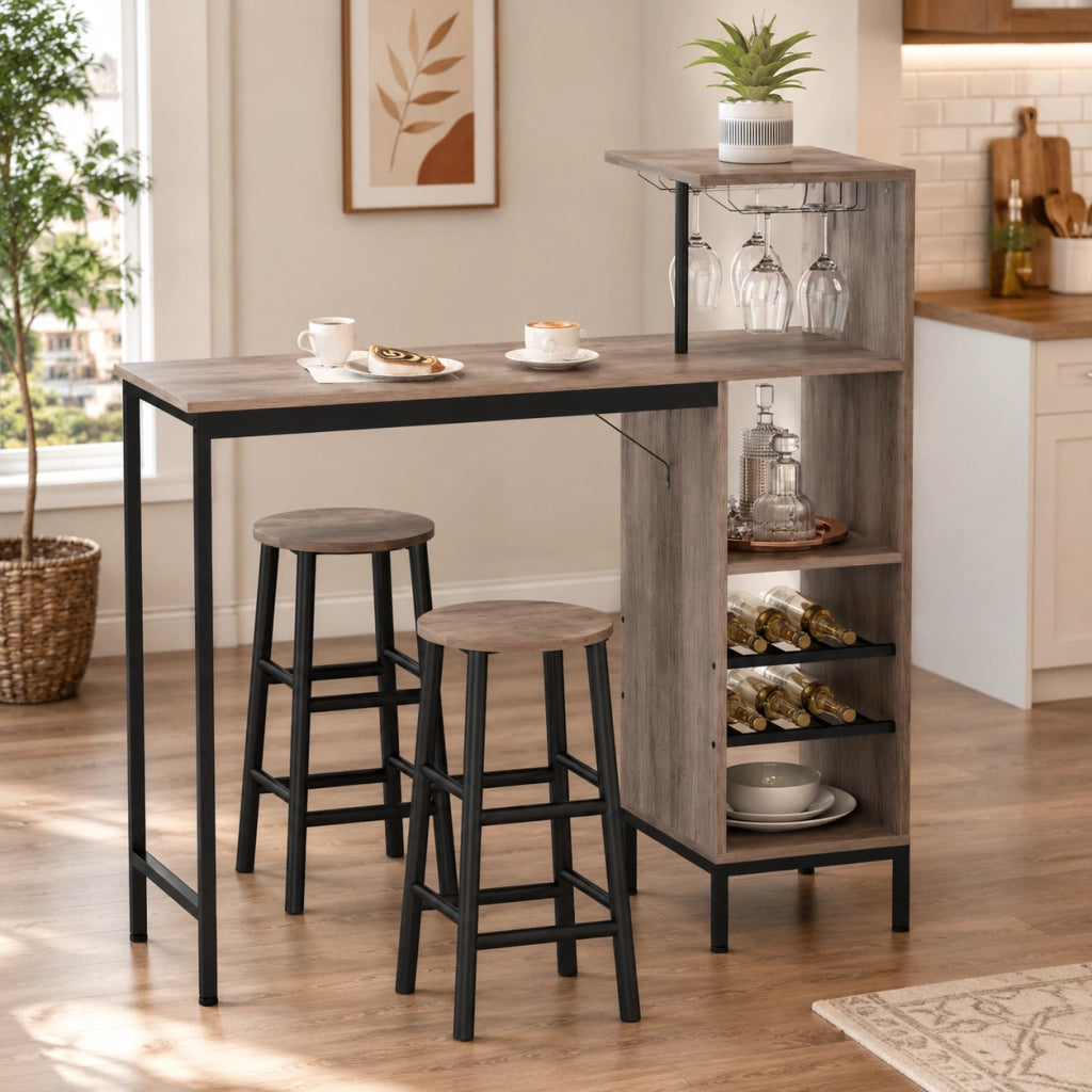 Set tavolo bar 3 pezzi 121.5x40x122 cm con portabottiglie e portabicchieri in MDF grigio