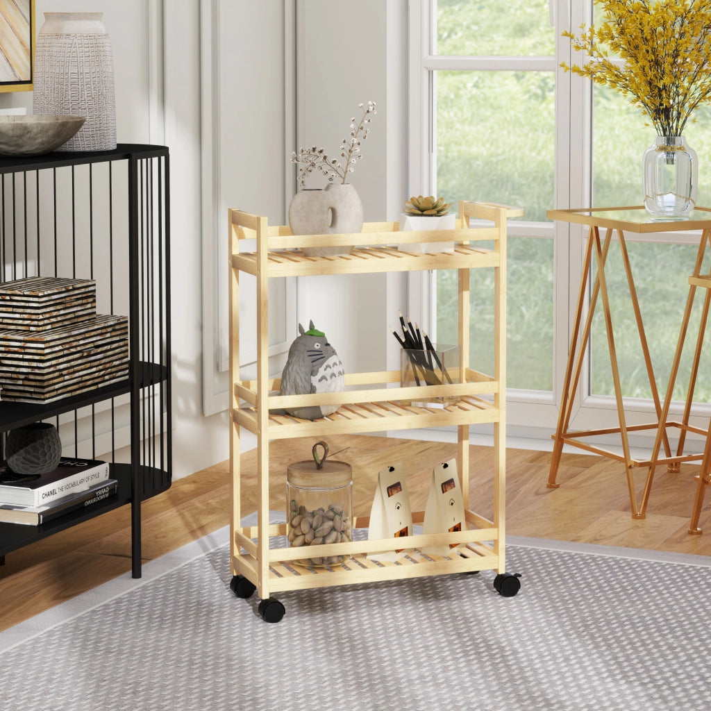 CARRELLO Portavivande 3 ripiani 55x20x75 cm in bambù color legno naturale con ruote
