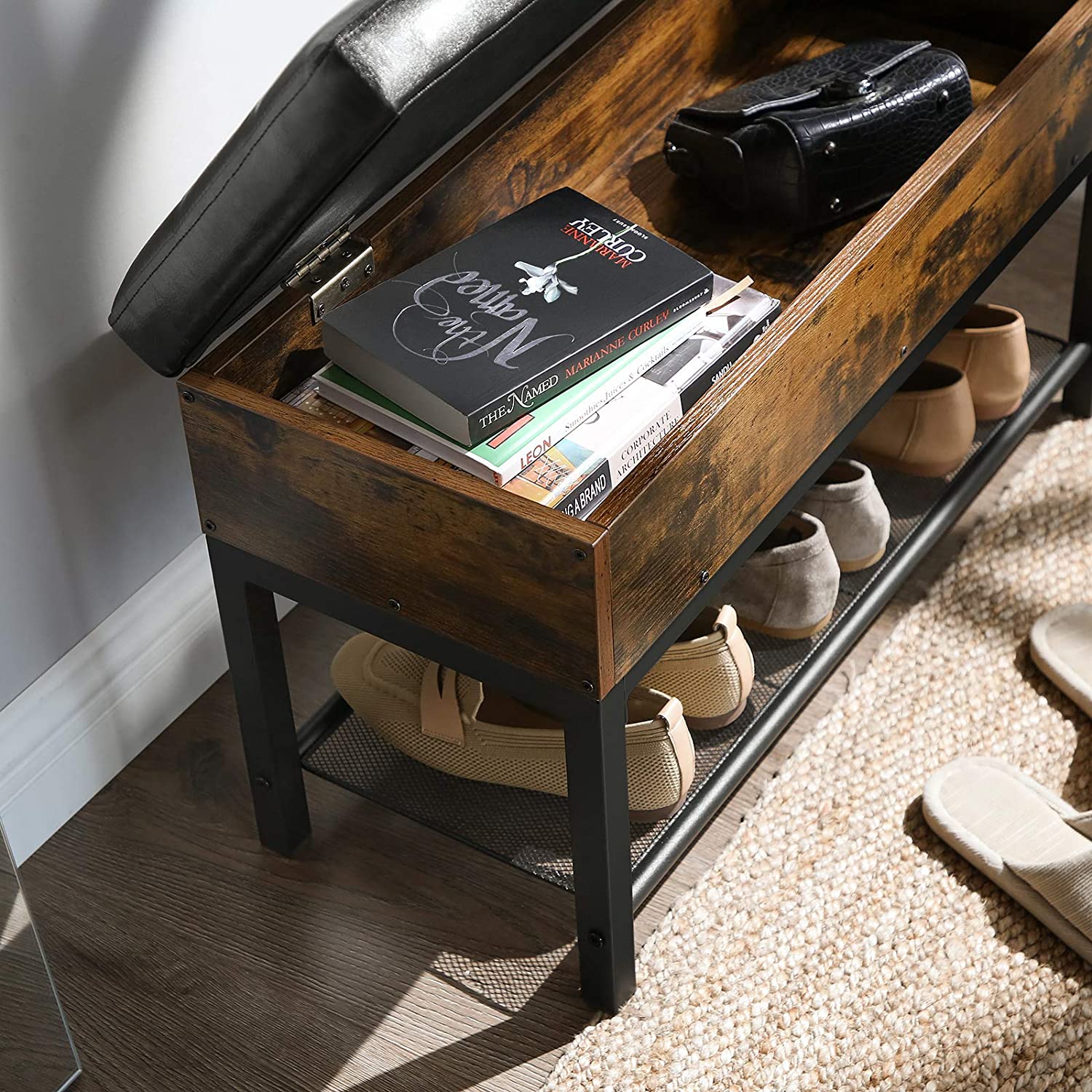 Scarpiera Valora con seduta LSB46BX in truciolato marrone rustico per corridoio