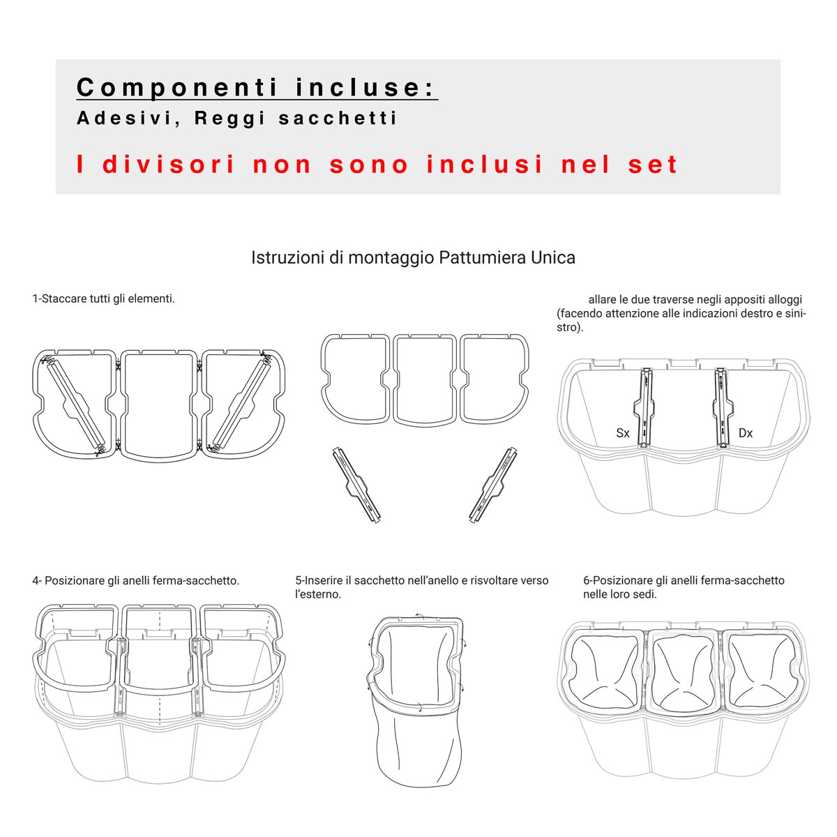 UNICA PATTUMIERA PER RACCOLTA DIFFERENZIATA CON 3 SCOMPARTI 80LT