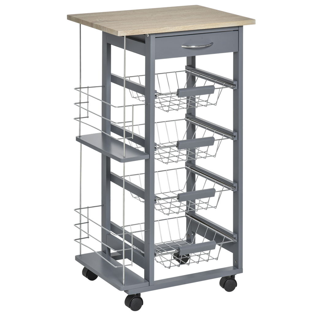 CARRELLO DA CUCINA CON CASSETTO E 4 CESTELLI METALLICI 47X37X83 CM GRIGIO SCURO