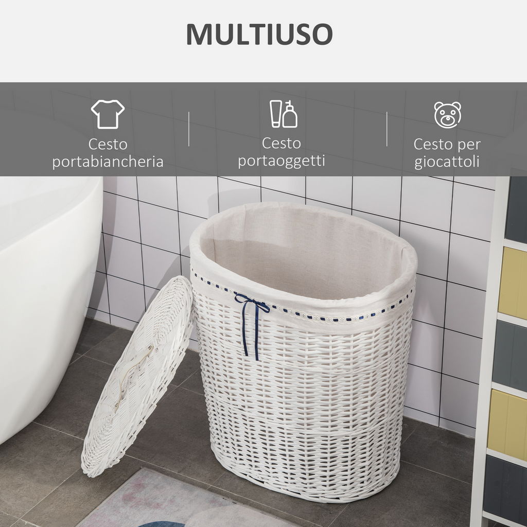 CESTO PORTABIANCHERIA IN VIMINI CON COPERCHIO E SACCO IN TESSUTO  BIANCO