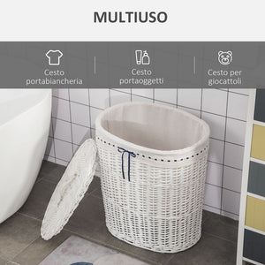 CESTO PORTABIANCHERIA IN VIMINI CON COPERCHIO E SACCO IN TESSUTO  BIANCO