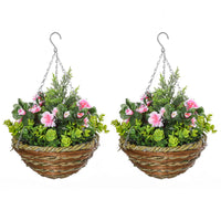 SET DI 2 PIANTE FINTE LISIANTHUS DA APPENDERE PER INTERNO ED ESTERNO CON VASO IN VIMINI E CATENELLE, ?25X34CM, ROSA E VERDE