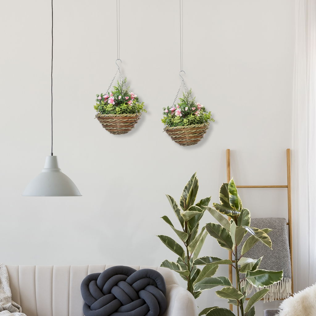 SET DI 2 PIANTE FINTE LISIANTHUS DA APPENDERE PER INTERNO ED ESTERNO CON VASO IN VIMINI E CATENELLE, ?25X34CM, ROSA E VERDE
