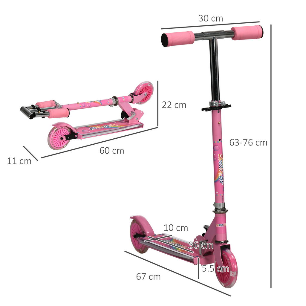MONOPATTINO PER BAMBINI 3-7 ANNI PIEGHEVOLE A 2 RUOTE E ALTEZZA REGOLABILE, 67X30X63/68/73/76 CM ROSA