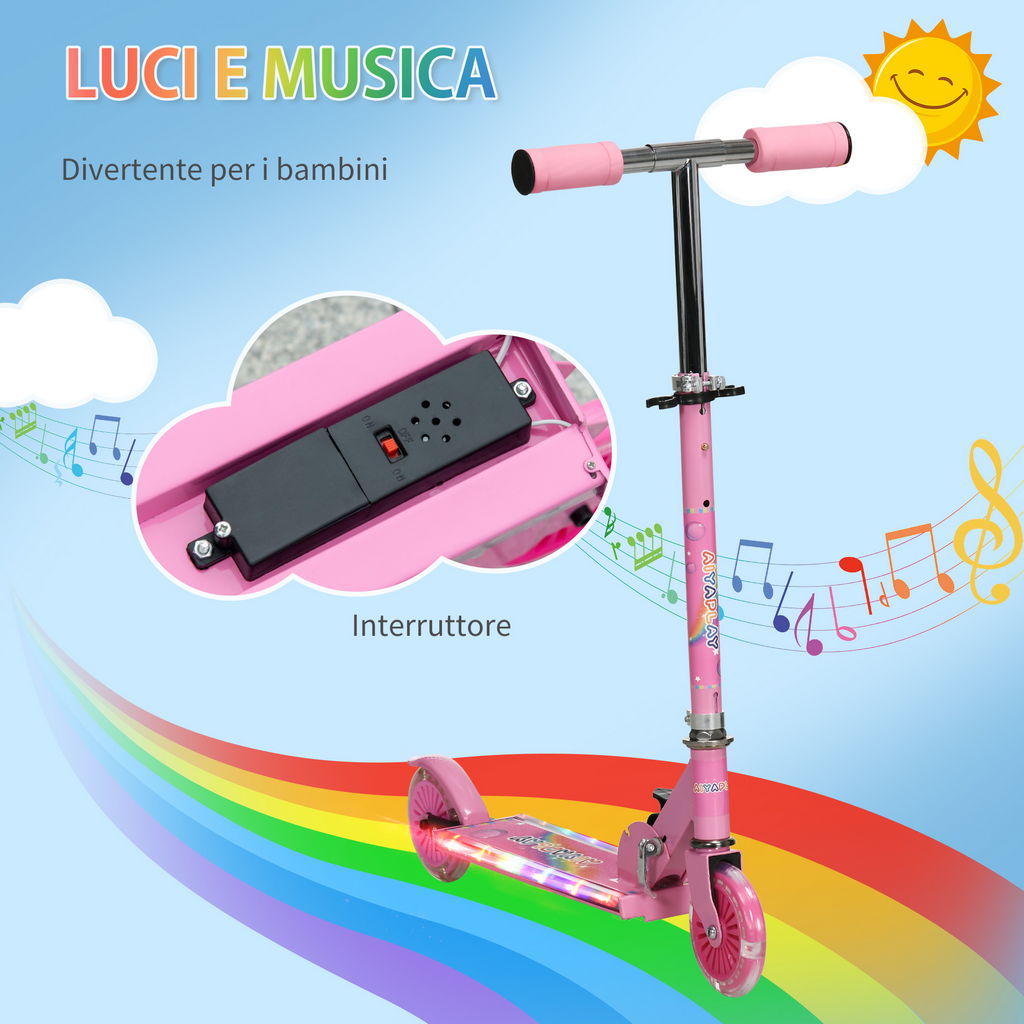 MONOPATTINO PER BAMBINI 3-7 ANNI PIEGHEVOLE A 2 RUOTE E ALTEZZA REGOLABILE, 67X30X63/68/73/76 CM ROSA