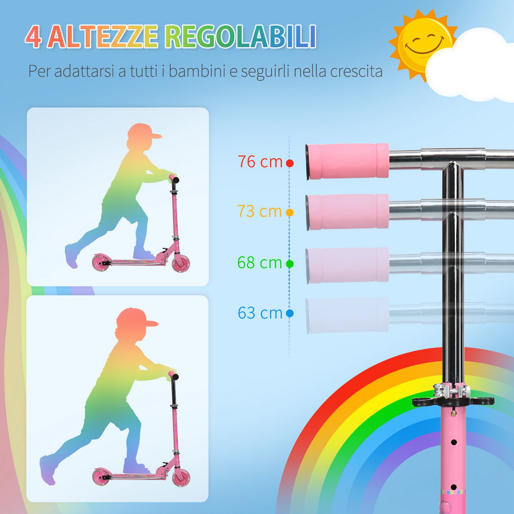 MONOPATTINO PER BAMBINI 3-7 ANNI PIEGHEVOLE A 2 RUOTE E ALTEZZA REGOLABILE, 67X30X63/68/73/76 CM ROSA