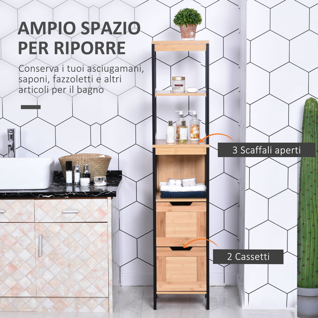 COLONNA DA BAGNO CON 2 CASSETTI E 3 VANI APERTI  30X30X144.3 CM LEGNO NATURALE