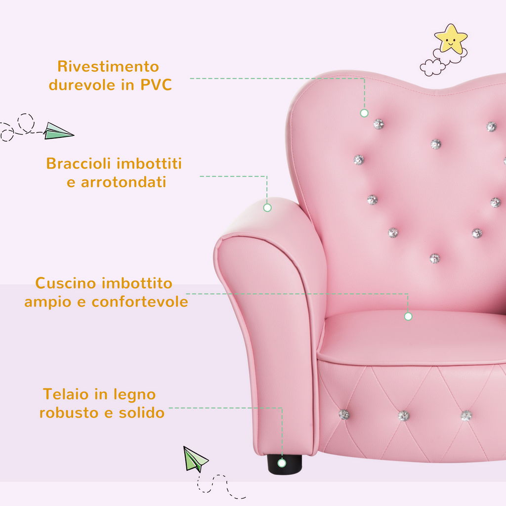 POLTRONCINA PER BAMBINI IMBOTTITA CON STRUTTURA IN LEGNO 59X41.5X49CM ROSA