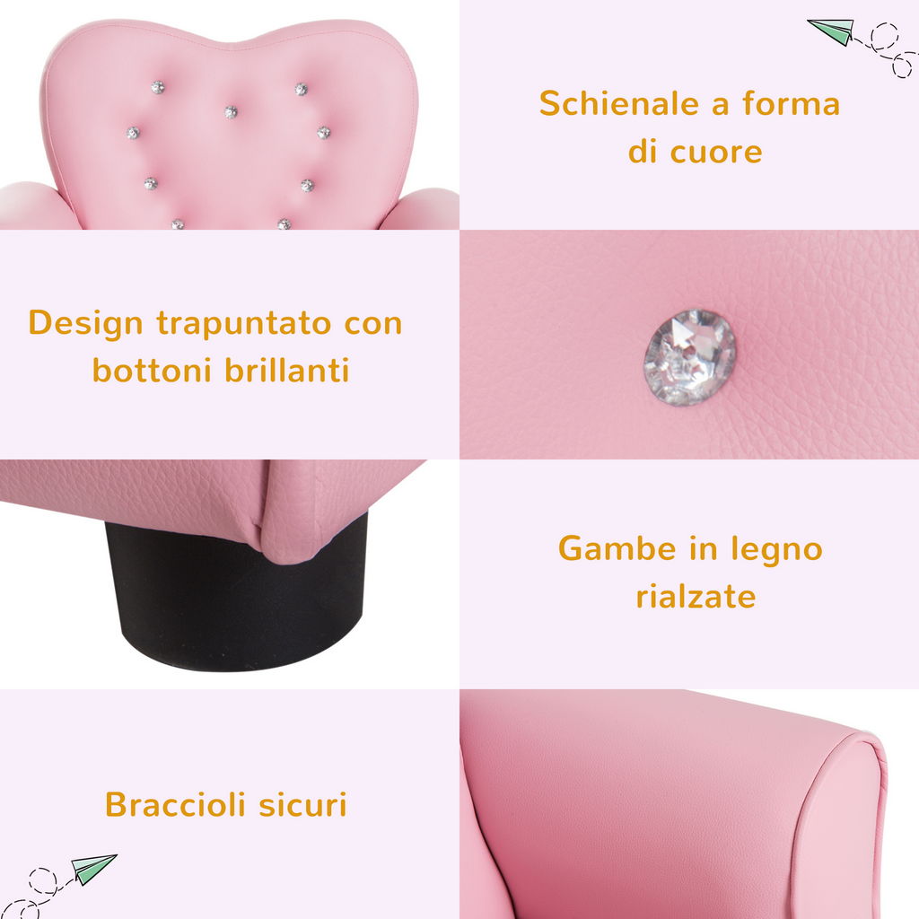 POLTRONCINA PER BAMBINI IMBOTTITA CON STRUTTURA IN LEGNO 59X41.5X49CM ROSA