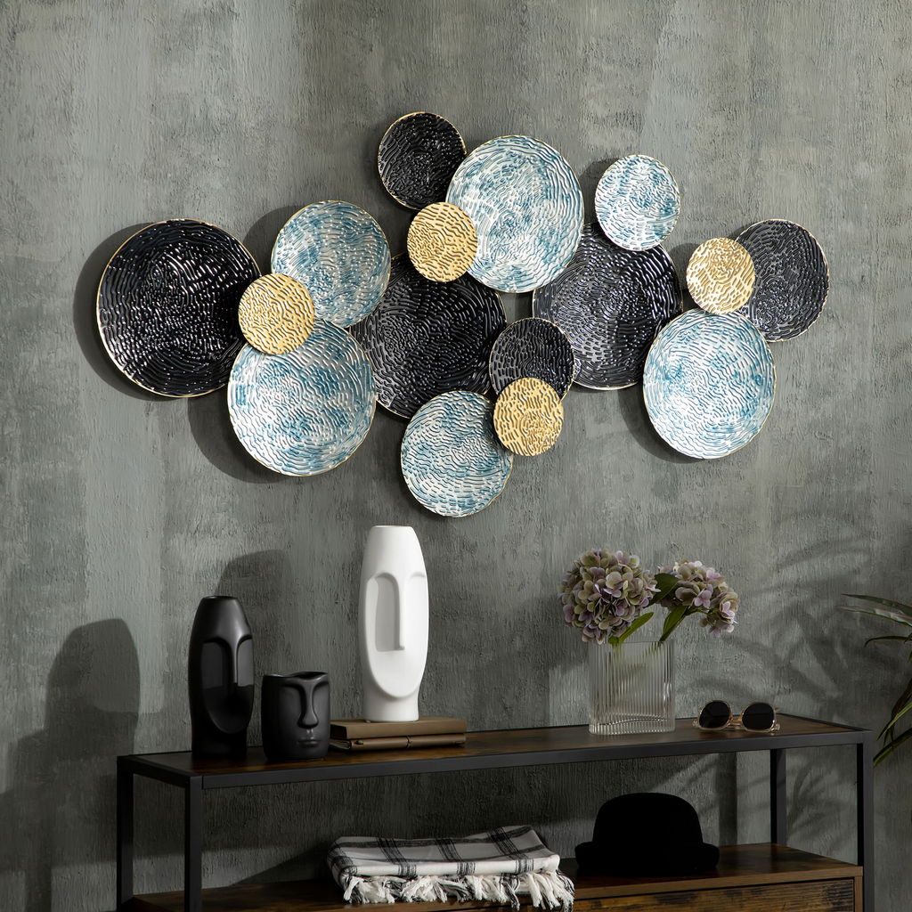DECORAZIONE MURALE IN METALLO 3D WALL ART A CERCHI 133X66CM BLU NERO E ORO