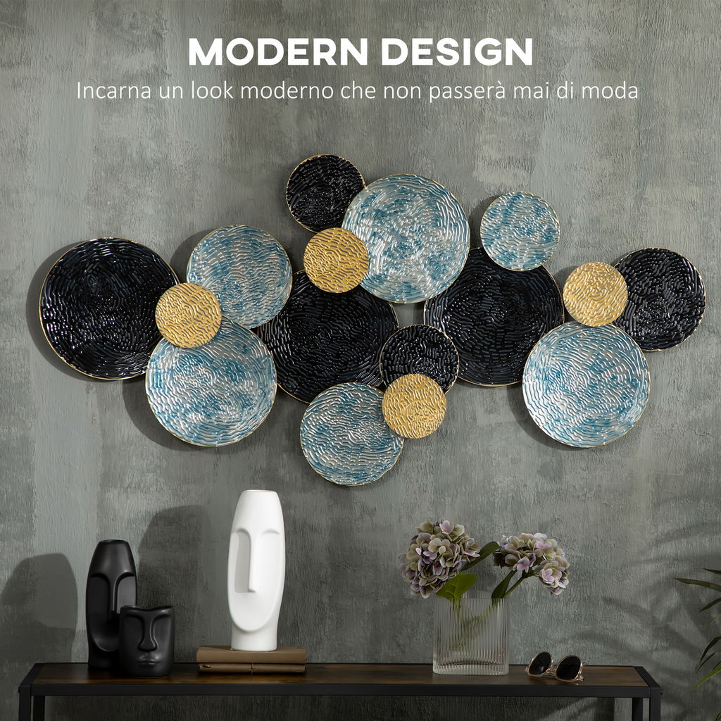 DECORAZIONE MURALE IN METALLO 3D WALL ART A CERCHI 133X66CM BLU NERO E ORO