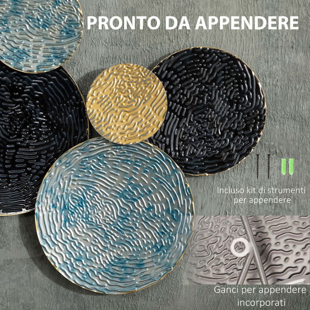 DECORAZIONE MURALE IN METALLO 3D WALL ART A CERCHI 133X66CM BLU NERO E ORO