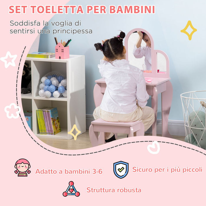 TAVOLO PER TRUCCO BIMBA CON SGABELLO CASSETTI E SPECCHIO IN ACRILICO
