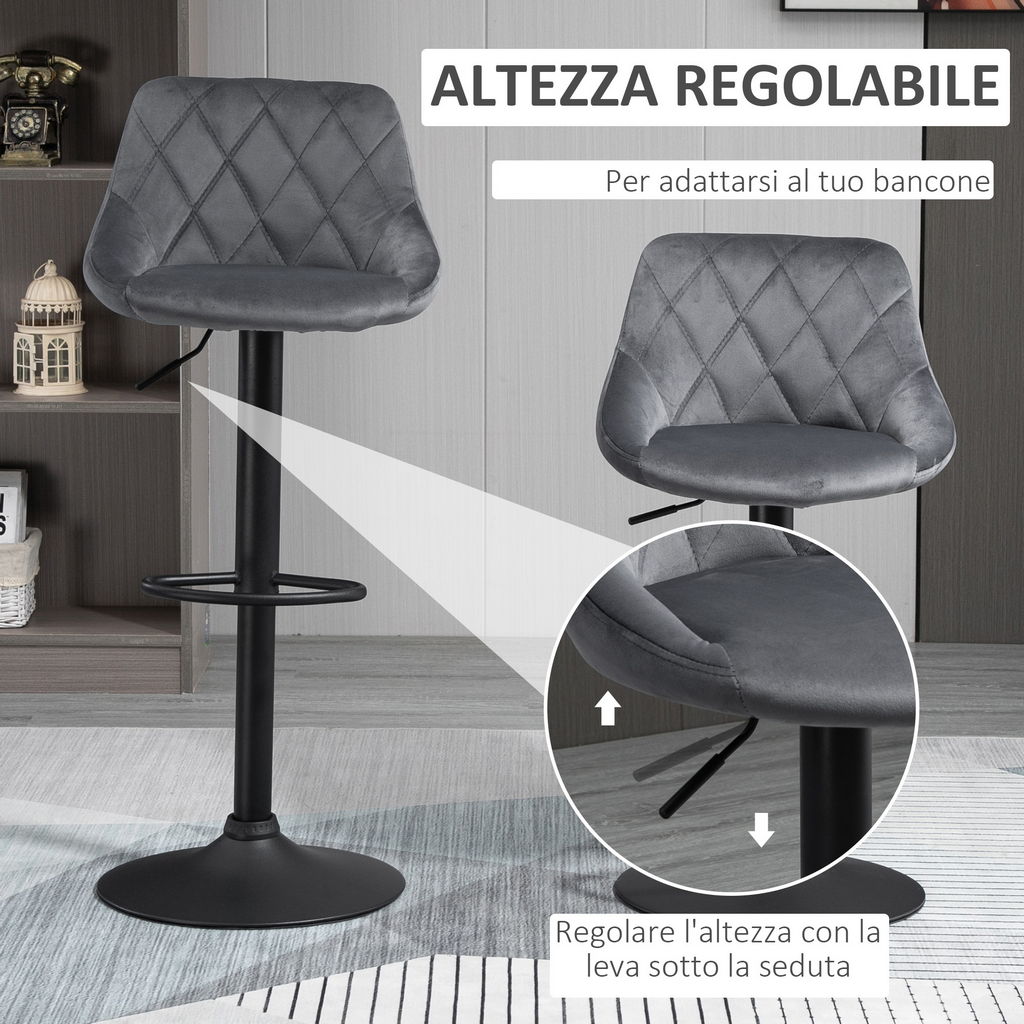 SET 2 SGABELLI DA BAR CON SCHIENALE E ALTEZZA REGOLABILE INDUSTRIAL GRIGIO-NERO