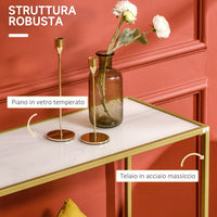 MOBILE CONSOLLE DA INGRESSO IN ACCIAIO E VETRO TEMPERATO100X35.5X80CM BIANCO E ORO