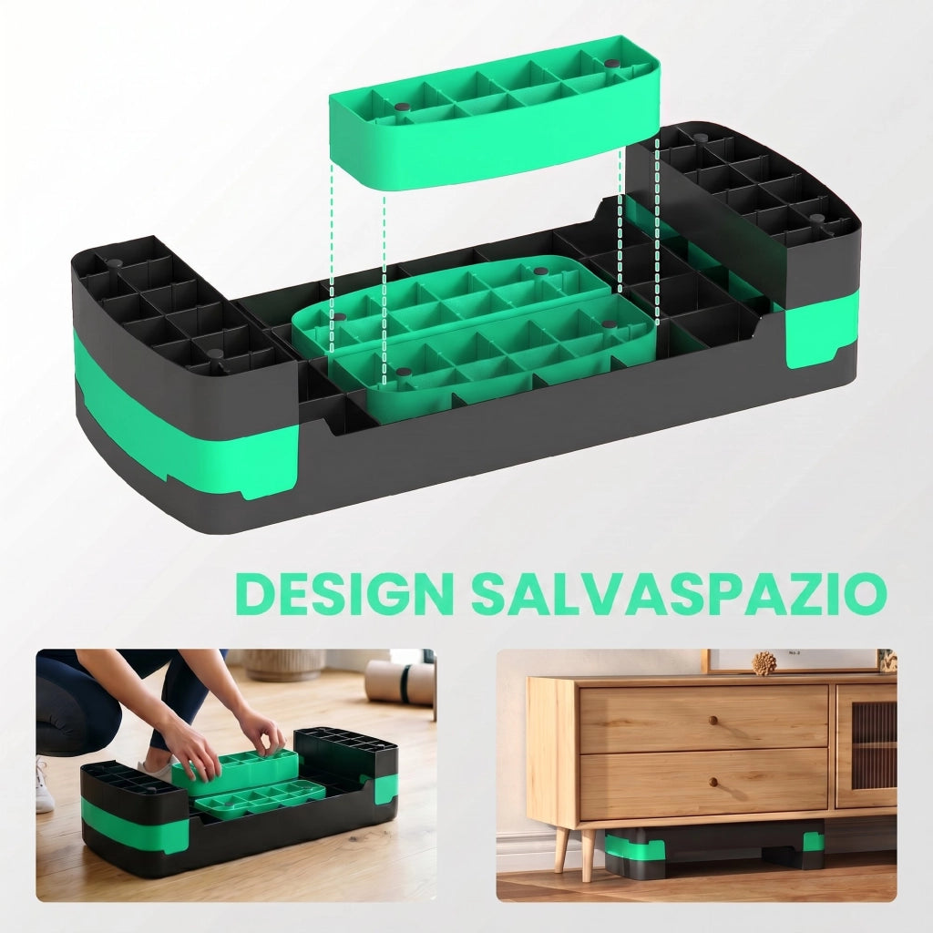 Stepper Aerobico Regolabile 68x29x10-15- 20 cm con Riser in PP Nero e Verde