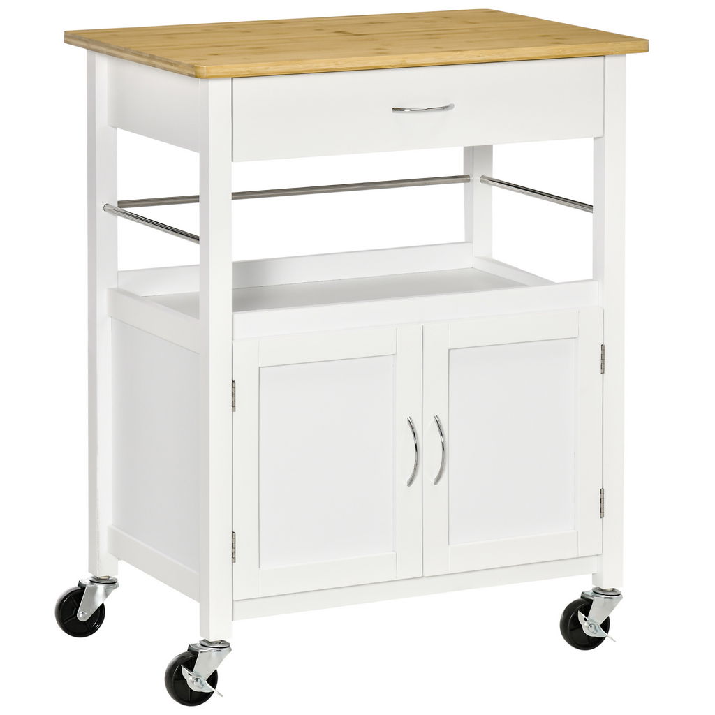 CARRELLO DA CUCINA CON PIANO IN BAMBÙ ANTE E CASSETTO 73X50X91 CM BIANCO
