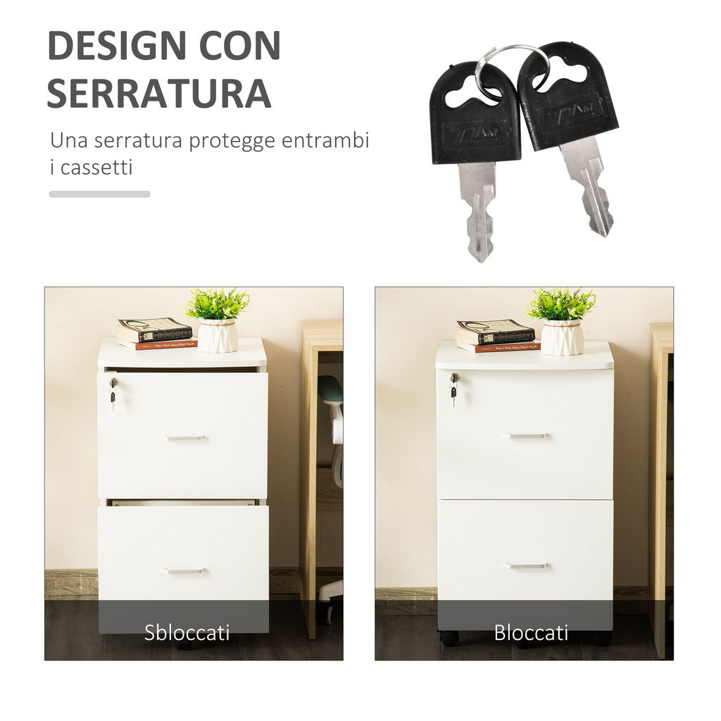 ARMADIETTO DA UFFICIO CON 2 CASSETTI E 5 RUOTE 43 X 45 X 72 CM DI COLORE BIANCO