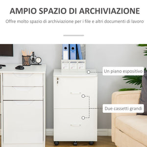 ARMADIETTO DA UFFICIO CON 2 CASSETTI E 5 RUOTE 43 X 45 X 72 CM DI COLORE BIANCO