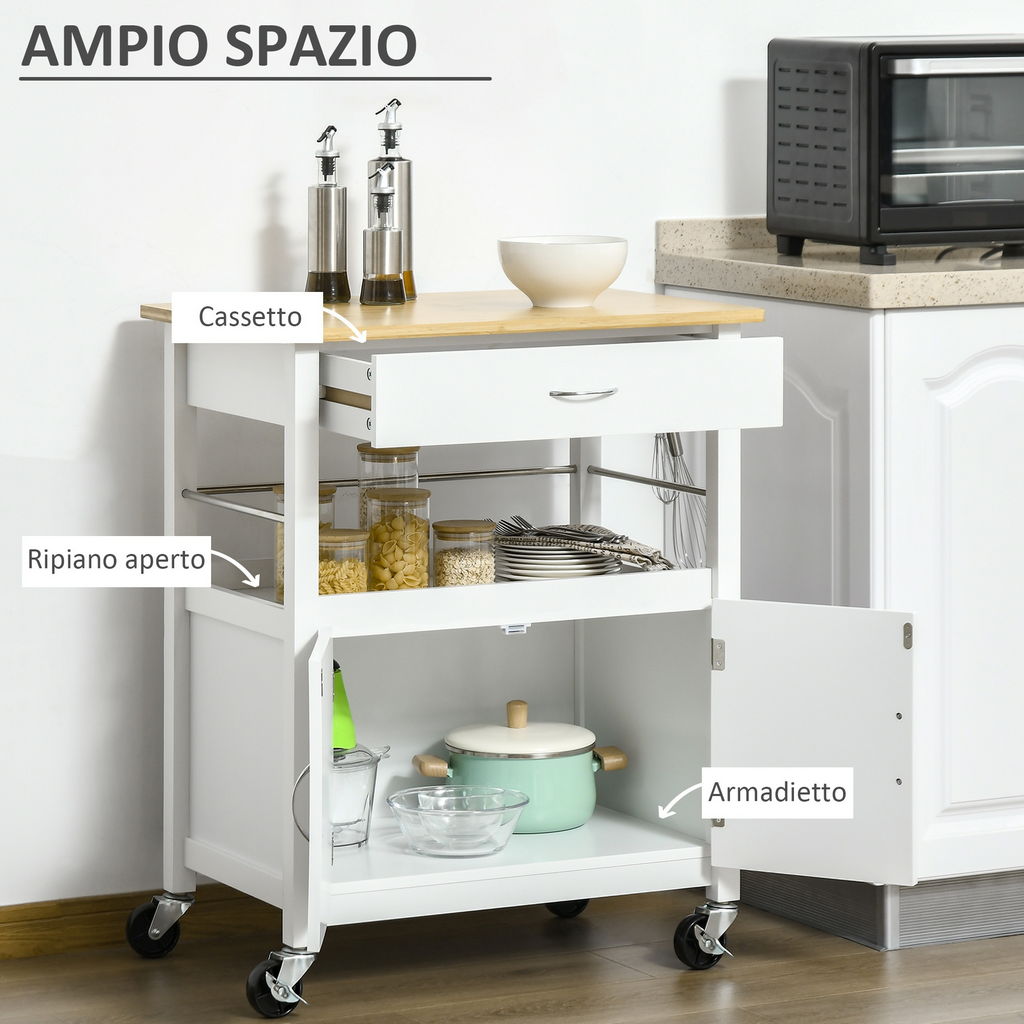CARRELLO DA CUCINA CON PIANO IN BAMBÙ ANTE E CASSETTO 73X50X91 CM BIANCO