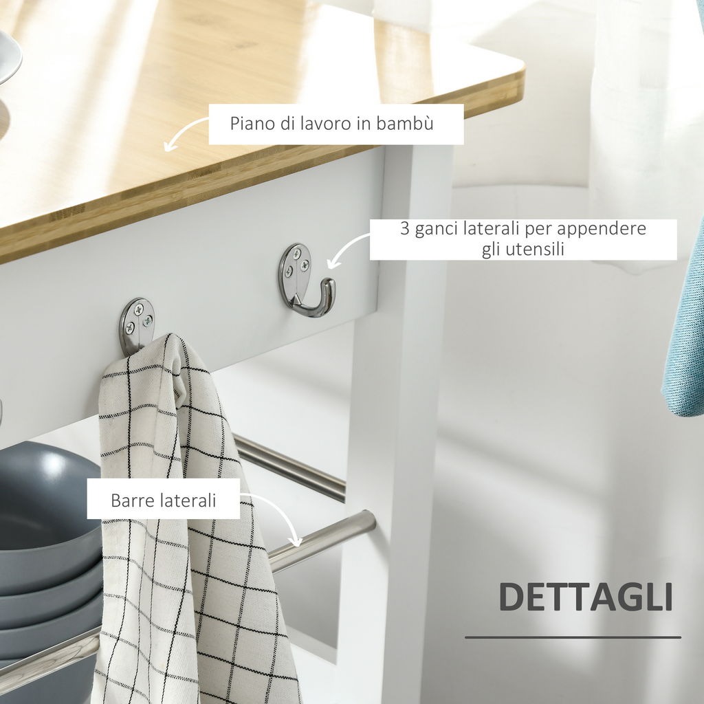 CARRELLO DA CUCINA CON PIANO IN BAMBÙ ANTE E CASSETTO 73X50X91 CM BIANCO