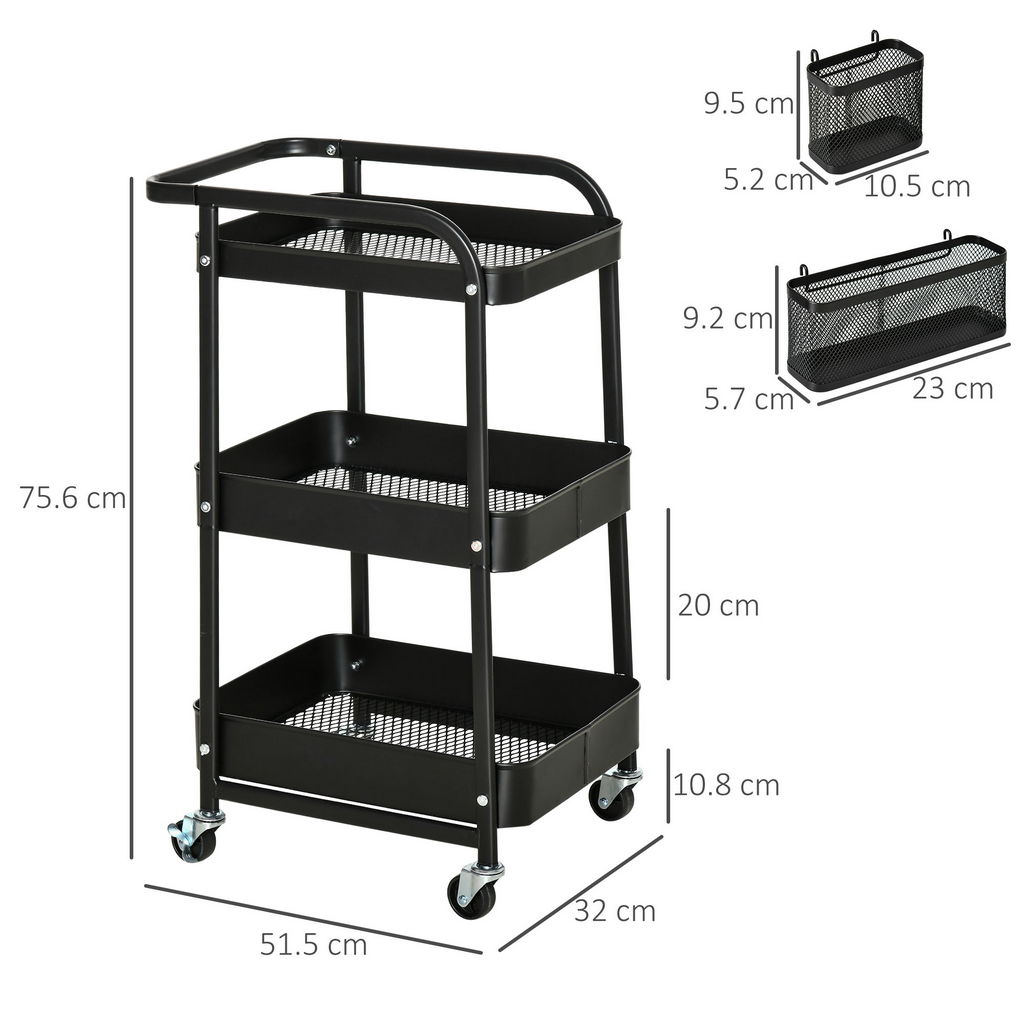 CARRELLO MULTIUSO A  3 LIVELLI IN ACCIAIO 51.5X32X75.6 CM NERO